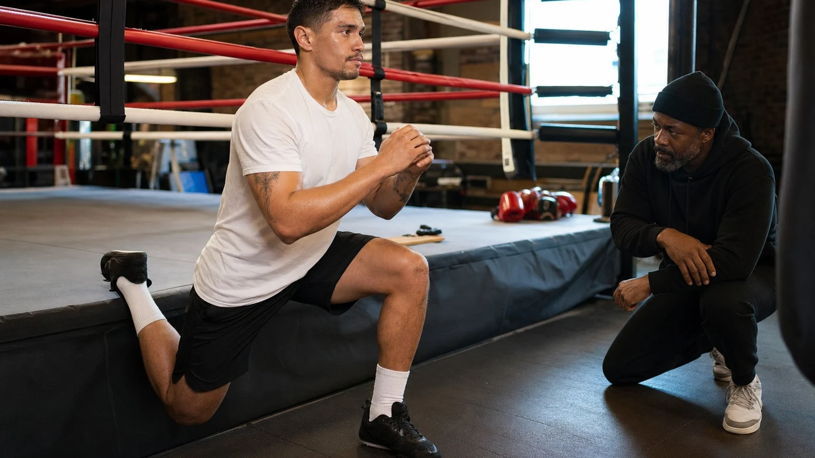 Boxer doing controlled lower-body return-to-training work beside a ring while a coach watches