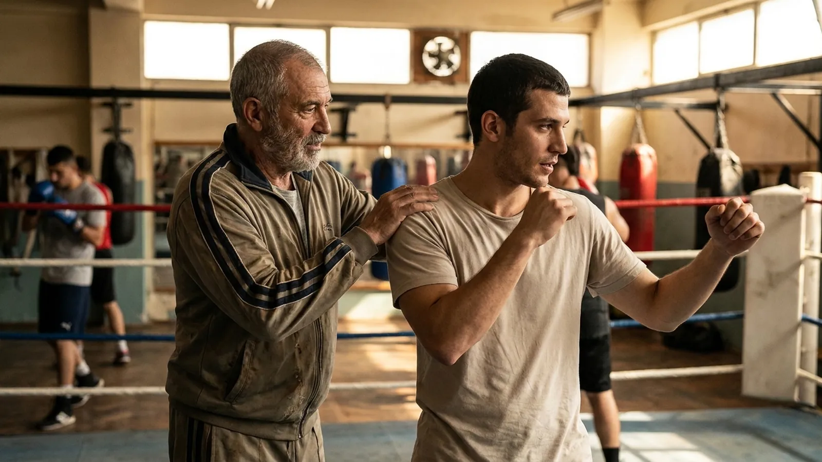 Boxer rehearsing relaxed shadowboxing mechanics while a coach watches shoulder control