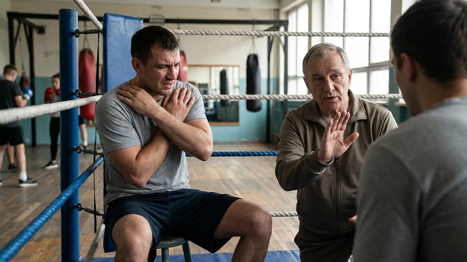 Coach calmly stopping a boxer by the ring ropes after shoulder discomfort