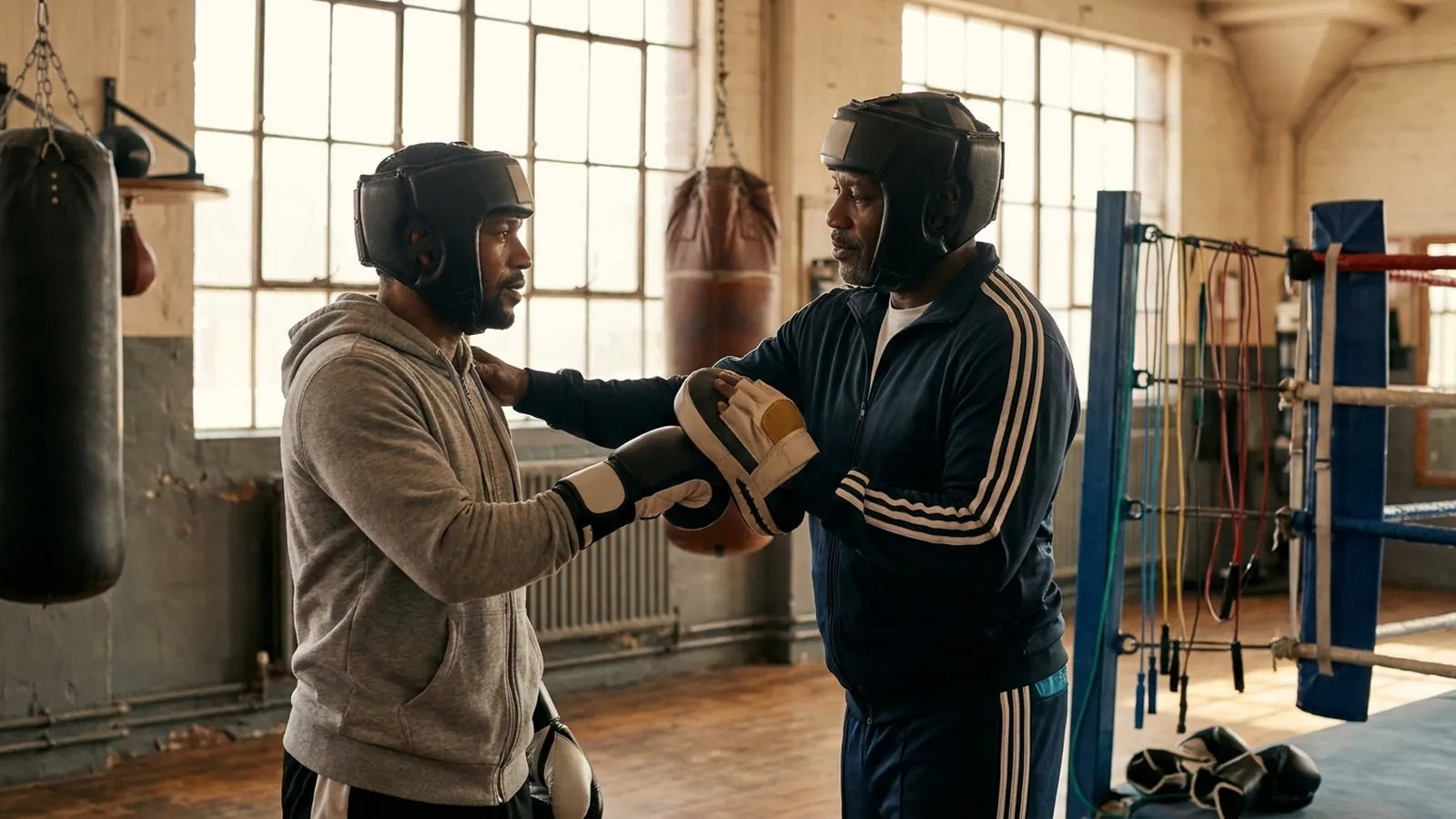 Boxer doing light technical pad work while a coach watches shoulder control