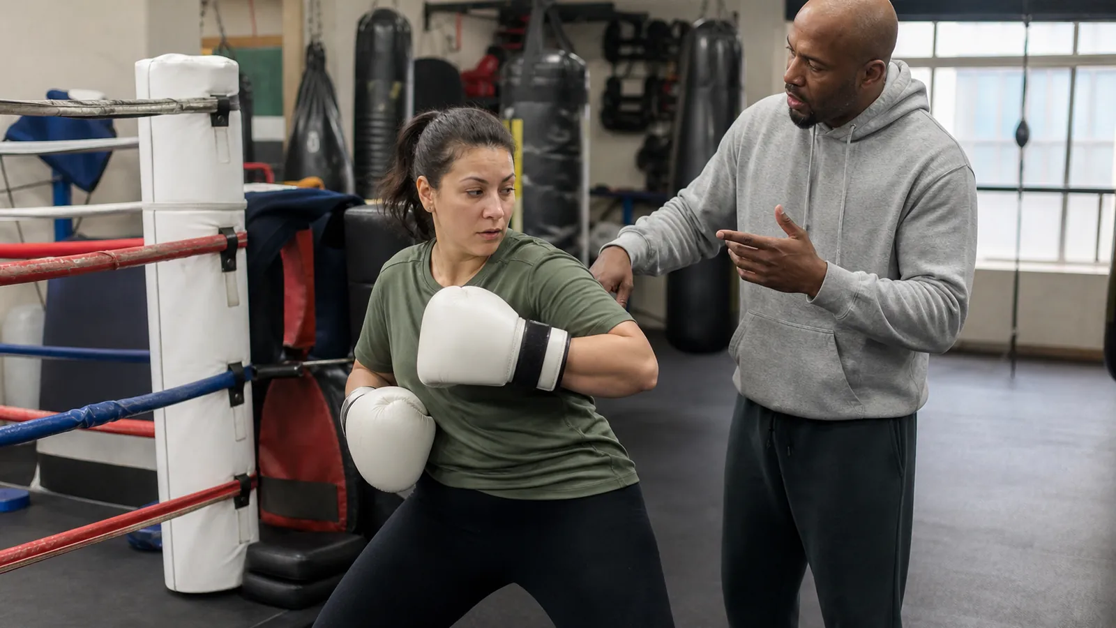 Coach watching an adult boxer practise slow rotation and stance control beside a ring