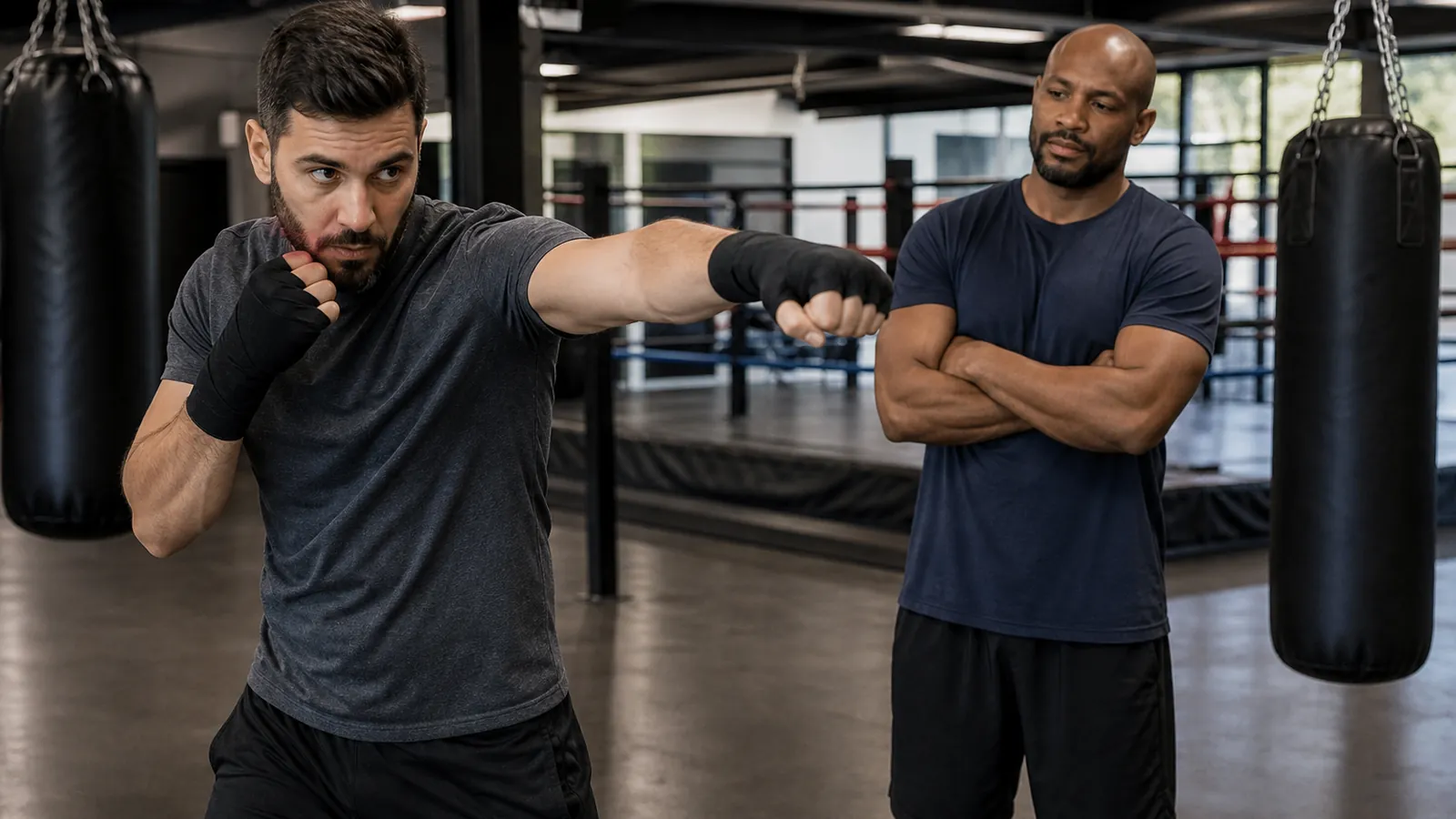 Boxer doing controlled shadowboxing with relaxed trunk posture during a modified session
