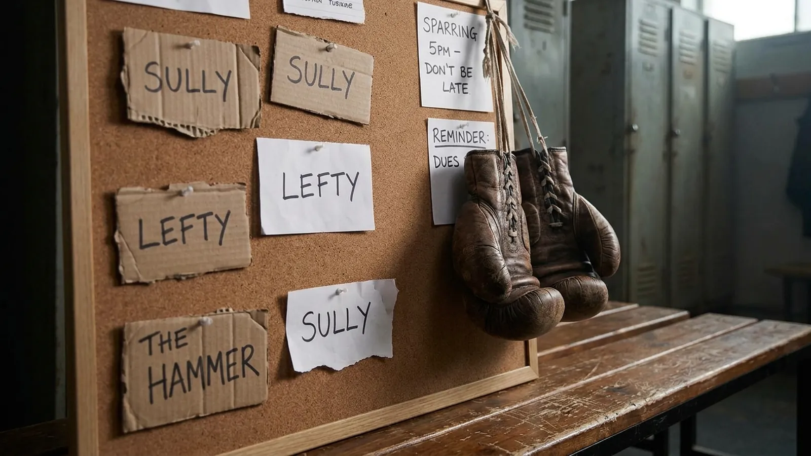 A row of handwritten fighter names on a gym wall beside hanging gloves