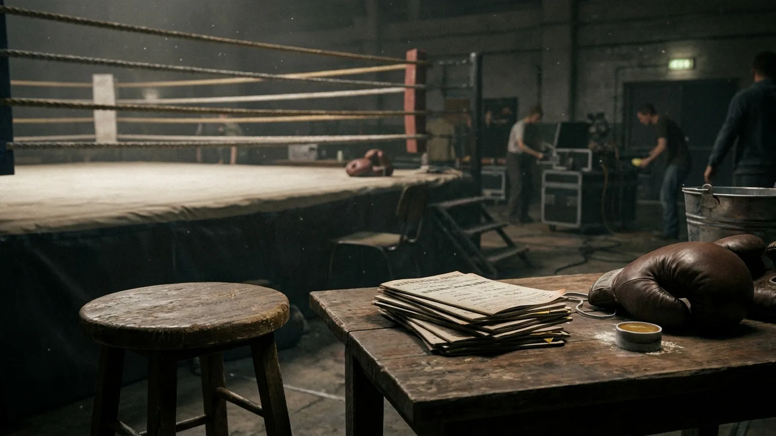 A ringside programme with nickname cards laid out on a stool before a local show