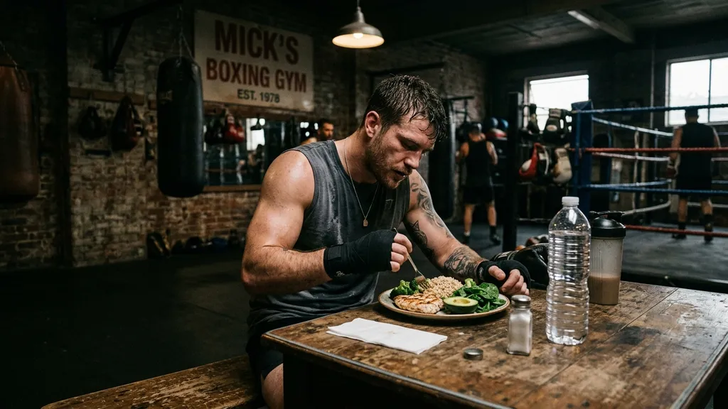 Boxer preparing and eating a nutritious meal, post-training recovery