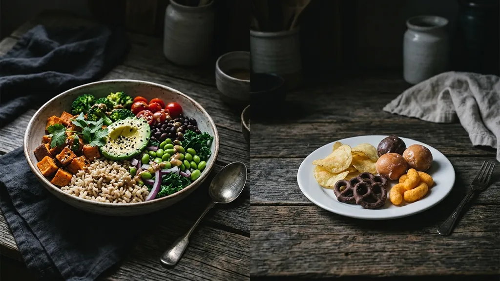 High volume low calorie foods versus small high calorie portions - visual comparison for boxers