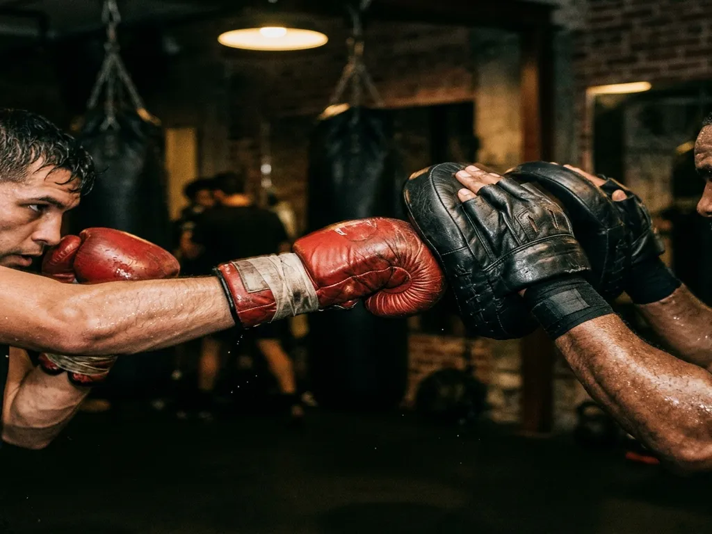 Boxing pad work in a dark gym setting