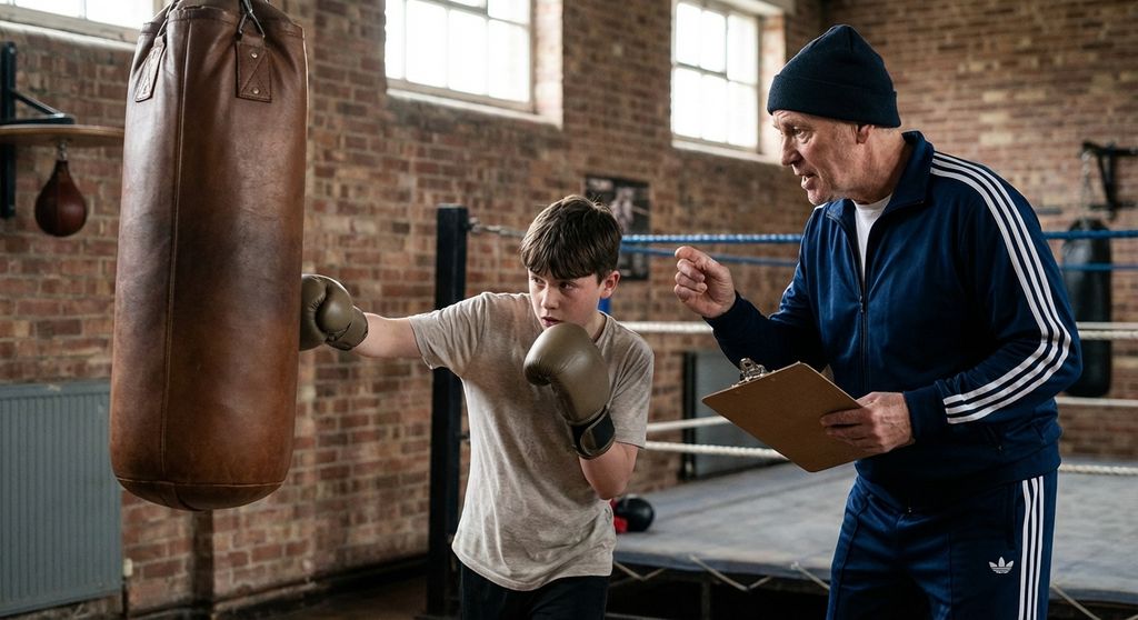 Beginner working the heavy bag for the first time under watchful coach guidance