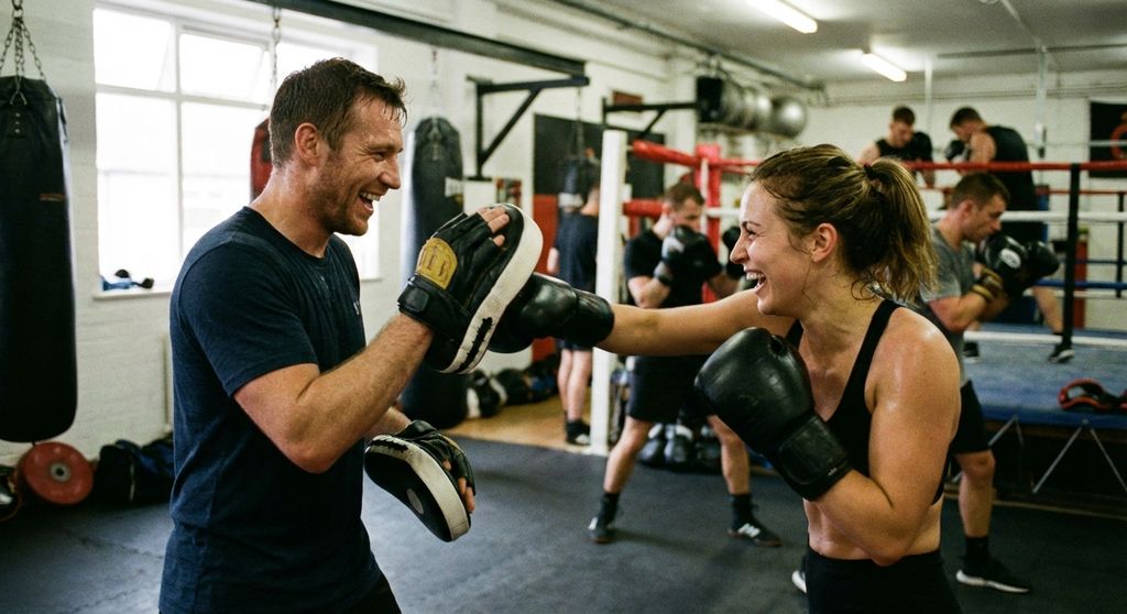 Couple doing pad work together in a boxing gym session, one coaching while the other punches