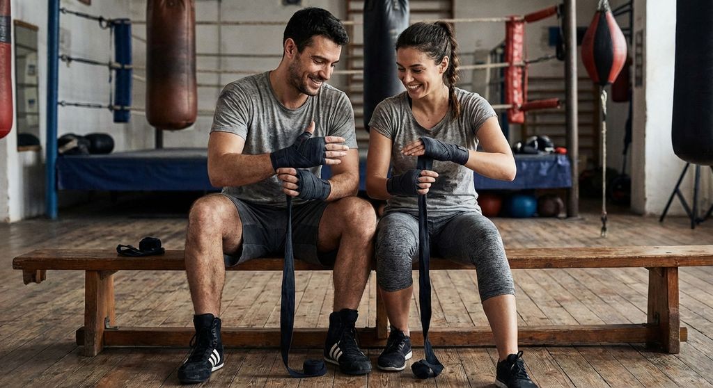 Couple wrapping hands together before a boxing personal training session - shared commitment to training