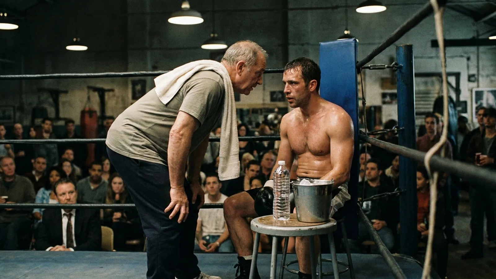 Coach speaking to a boxer on the stool between hard rounds in a small hall