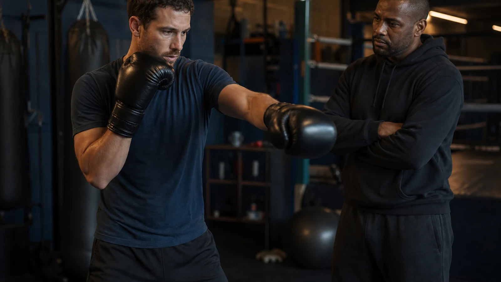Boxer shadowboxing lightly while a coach watches breathing and movement