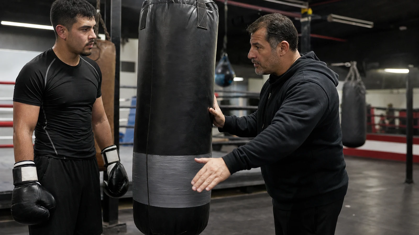 Coach explaining a safe heavy-bag modification before a return to impact