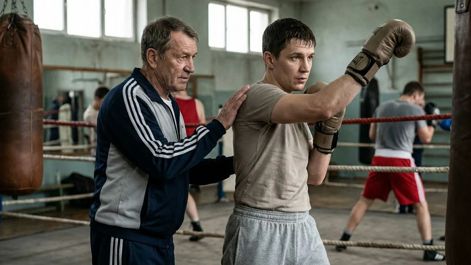 Coach checking a boxer's guard and shoulder position before light pad work