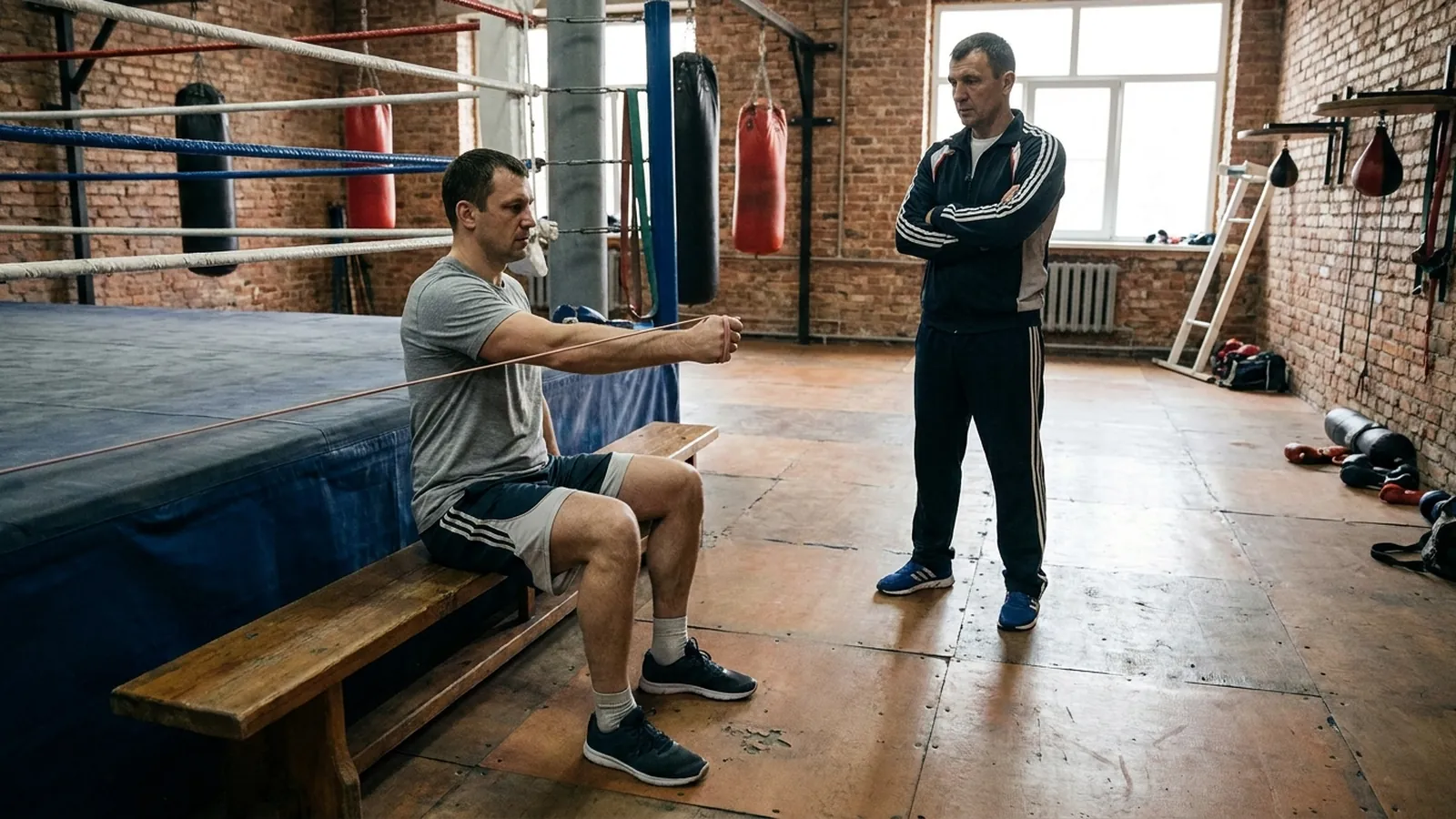 Boxer doing light resistance-band shoulder control work beside a ring