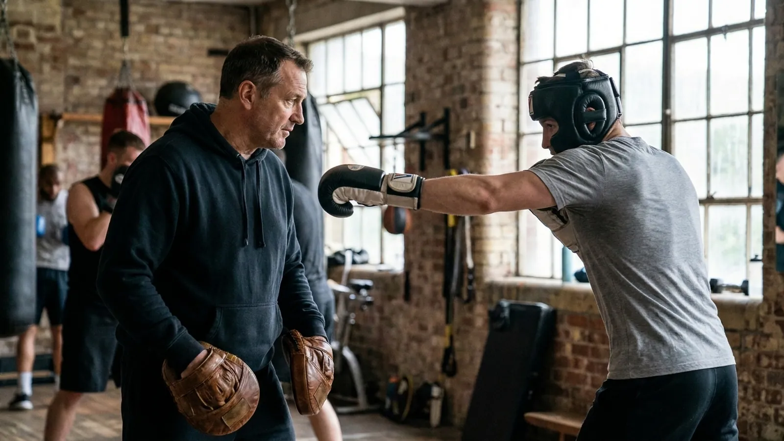 Coach holding pads for low-intensity straight punches while watching shoulder mechanics