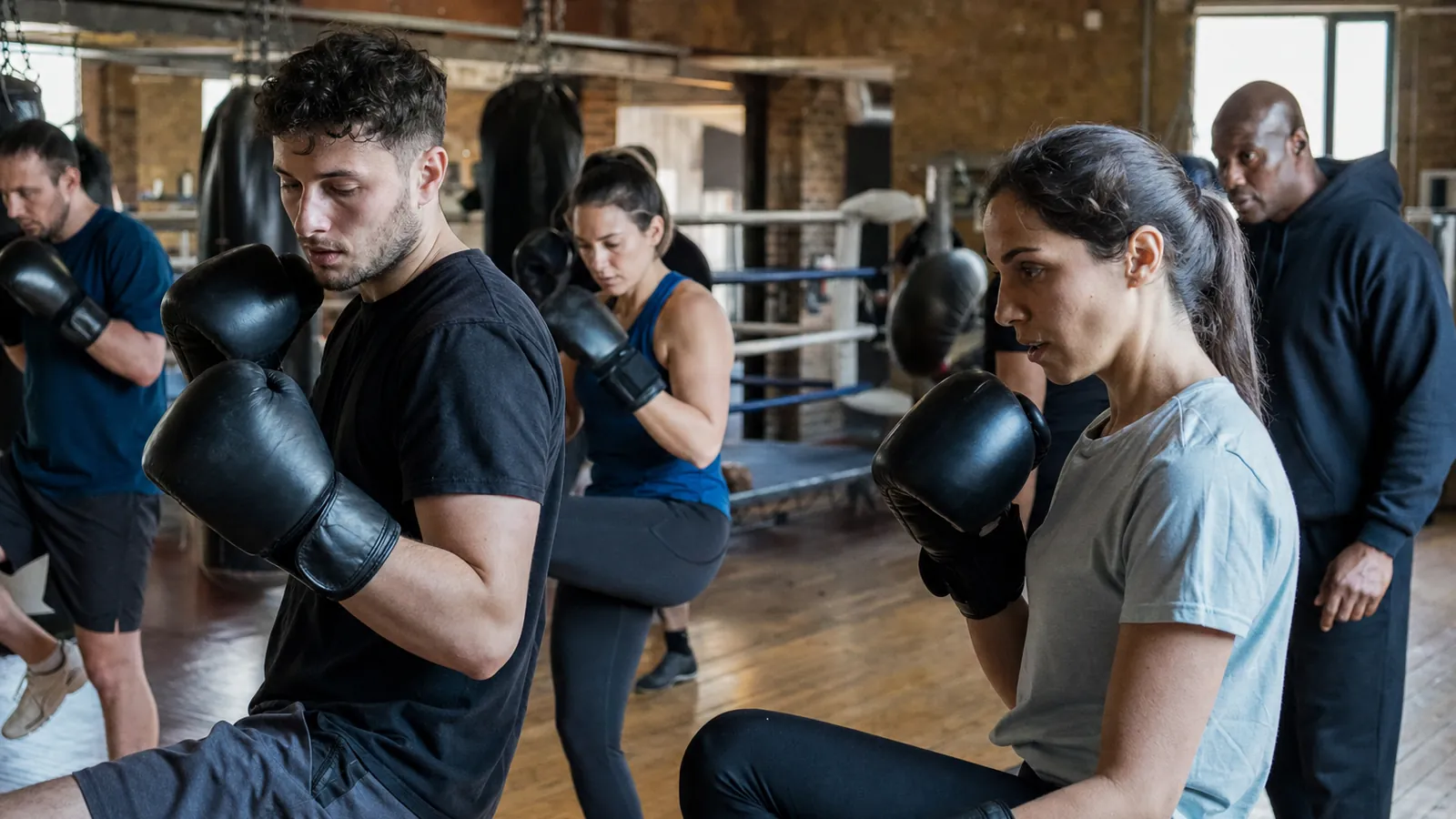 Coach leading adult beginners through a controlled boxing warm-up with plenty of space