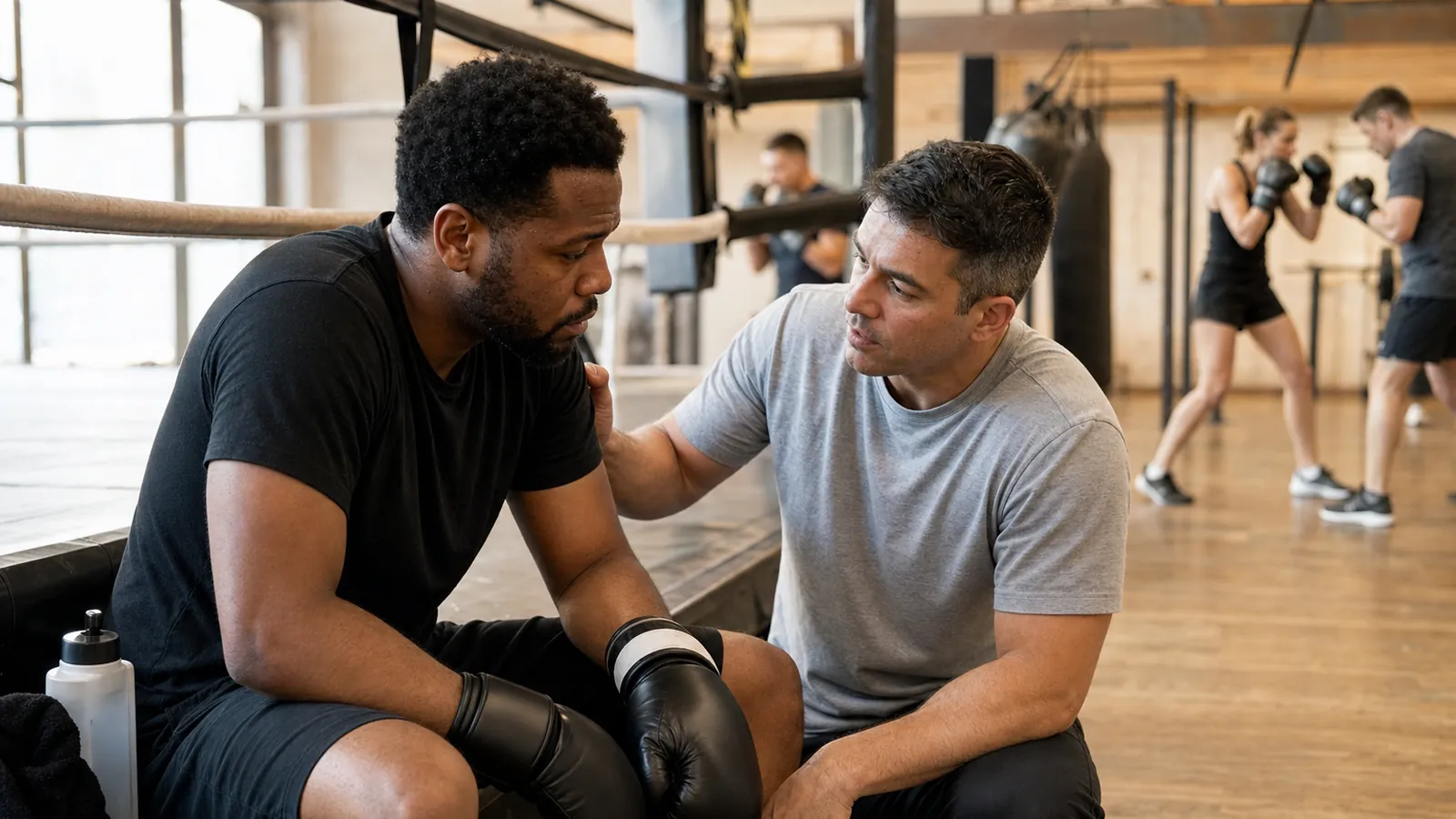 Coach checking in with a boxer sitting out safely beside the ring after stopping a drill
