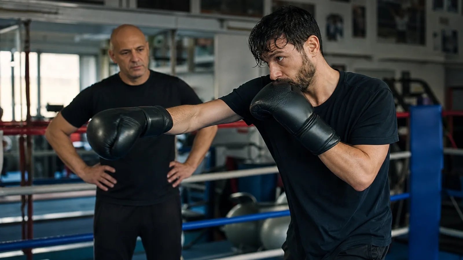 Adult boxer doing controlled shadowboxing during a lighter return-to-training session