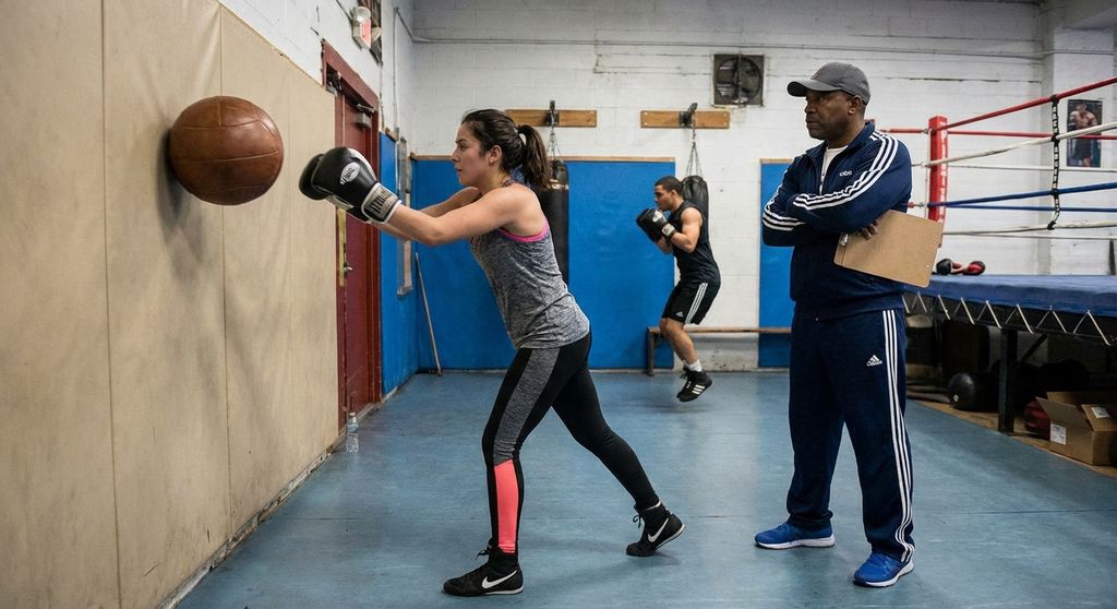 Beginner boxer doing medicine ball work and conditioning exercises with coach wa