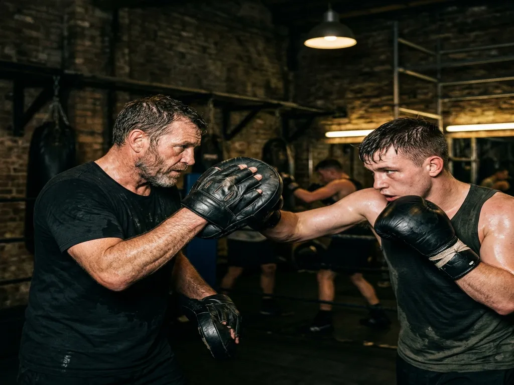 Boxing coaching session in a dark gym with focus pads