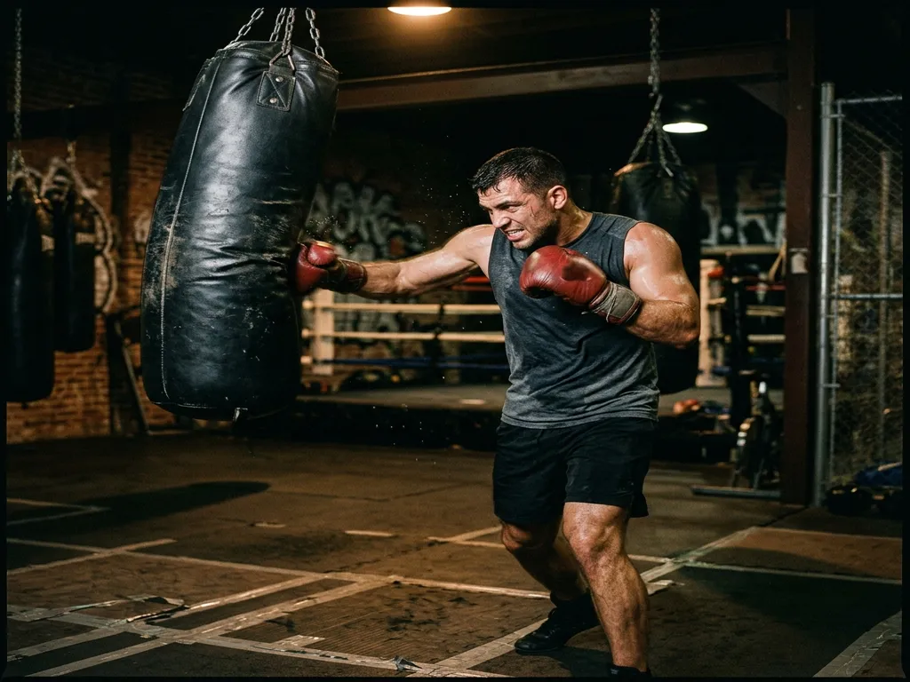 Intense boxing training session with heavy bag work