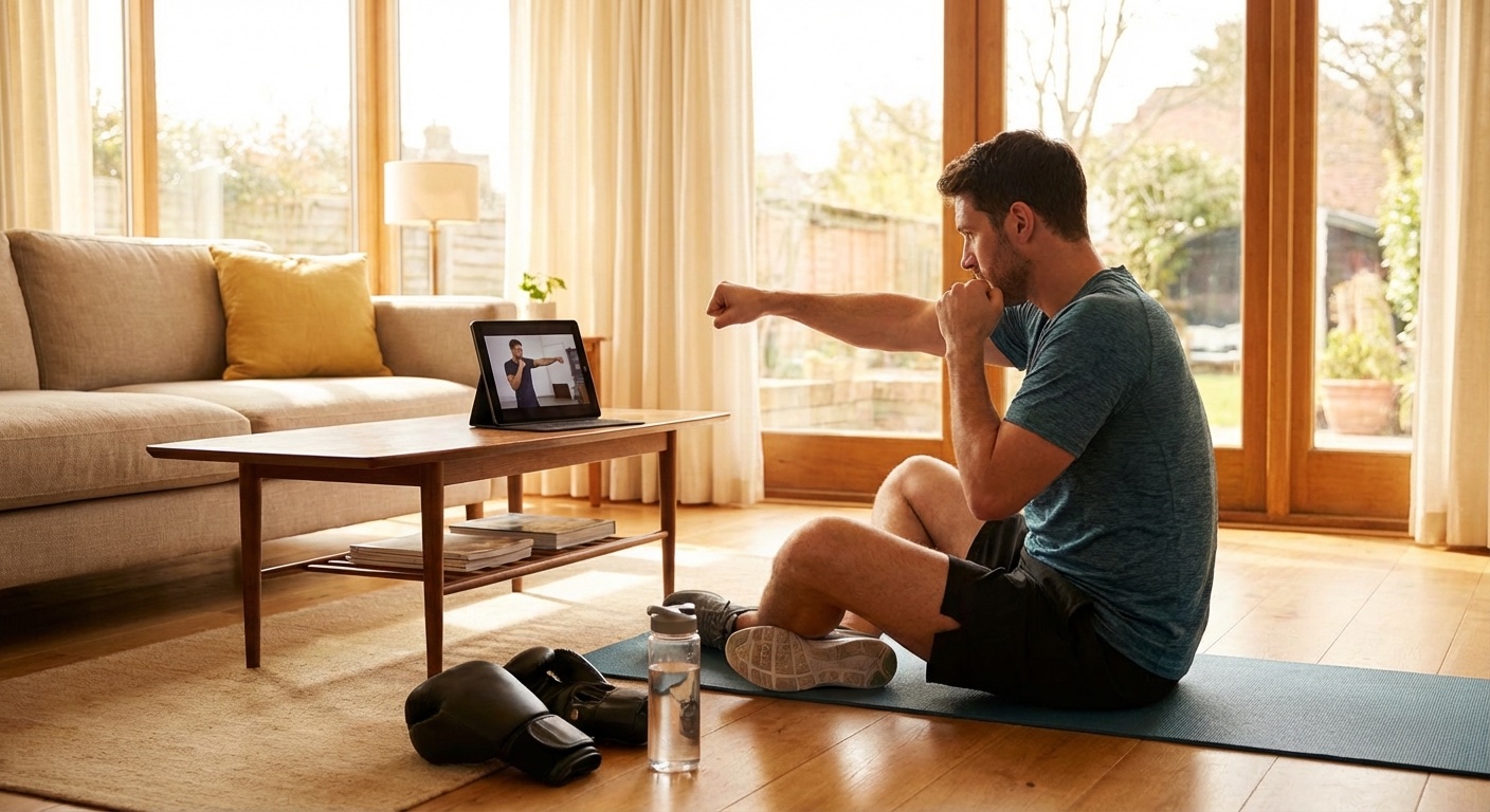 Person watching boxing videos on a laptop at home