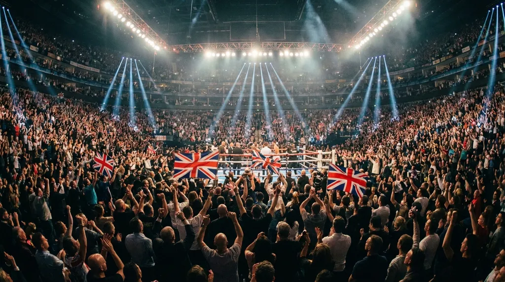 Packed crowd at a London boxing event with arena lighting