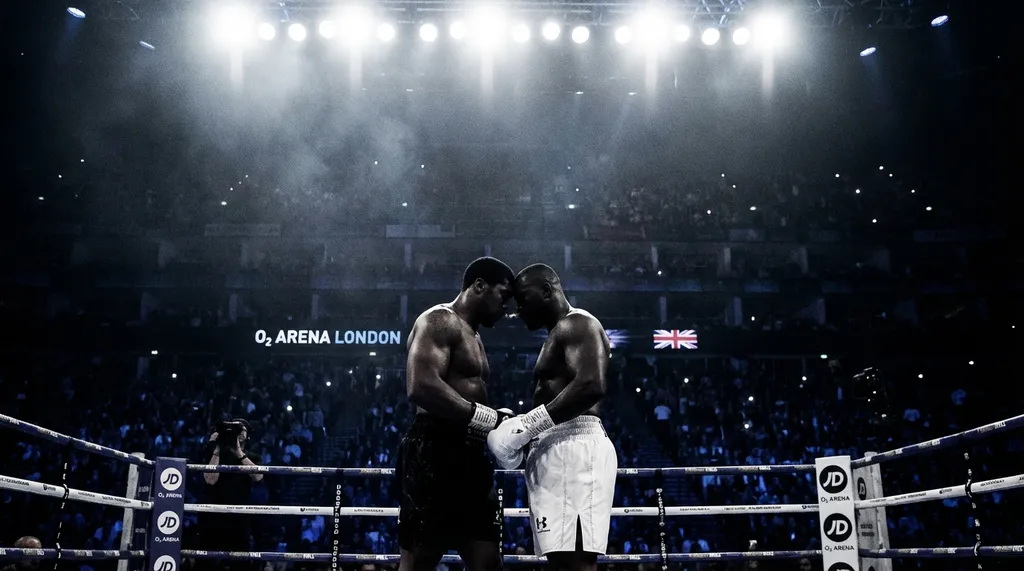 The O2 Arena ring under dramatic spotlights before a heavyweight boxing event