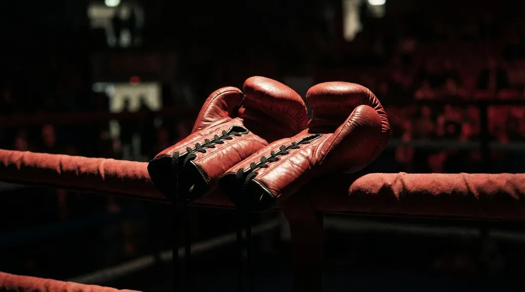 Close-up of boxing gloves and ring ropes under dramatic side lighting