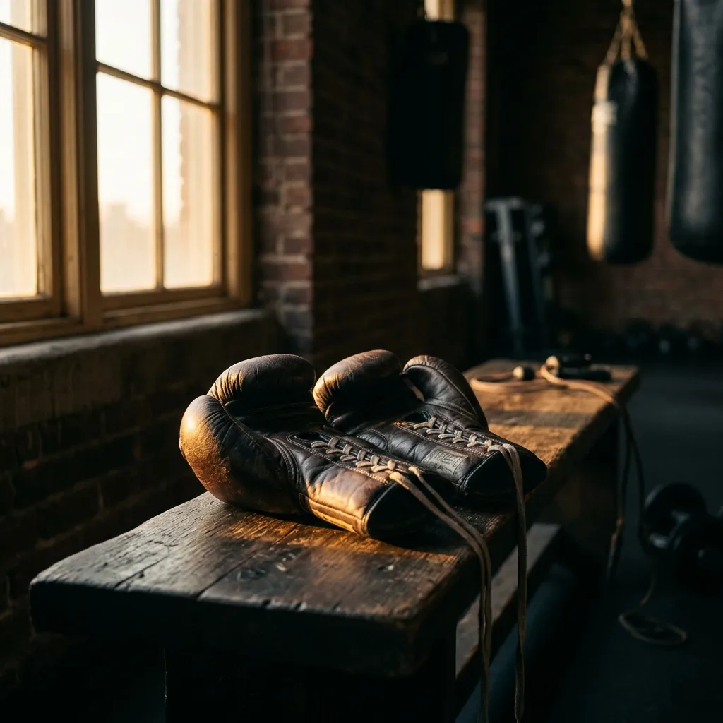 Boxing gloves resting on a gym bench in early morning light
