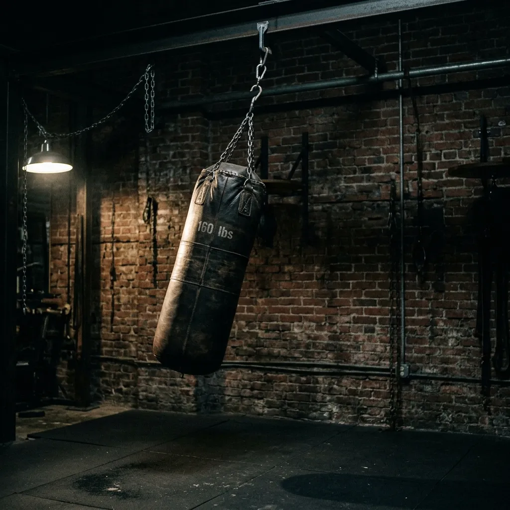Heavy bag in dramatic side lighting in a dark boxing gym
