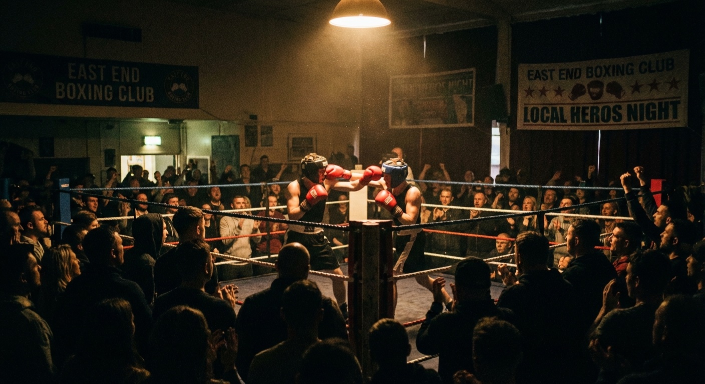 Amateur boxing club show with boxers competing in the ring under bright lights