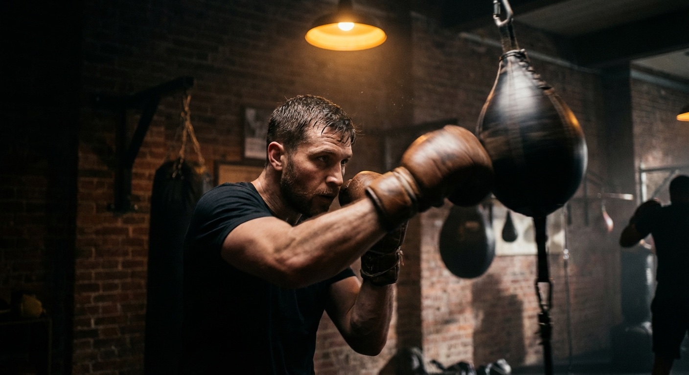Boxer working the speed bag in a dark gym
