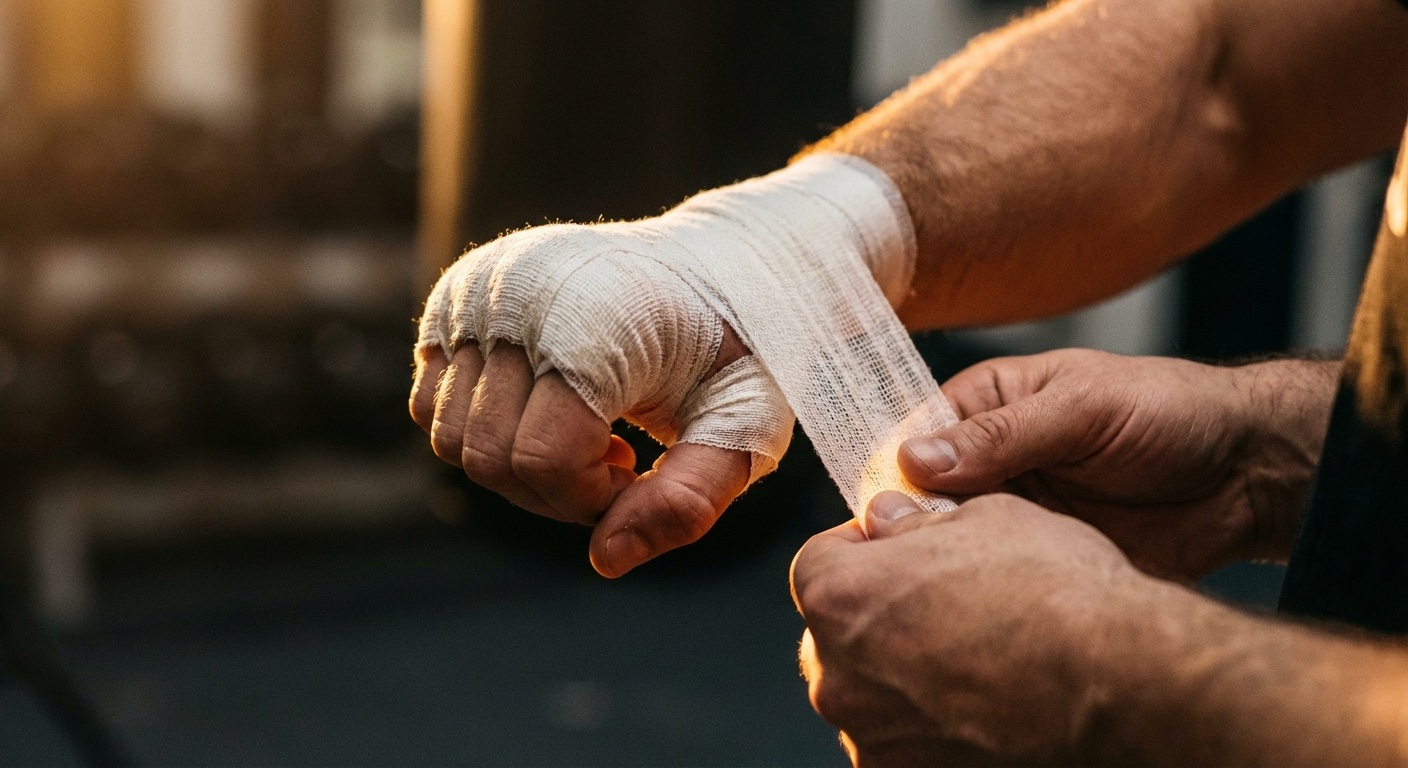 Close-up of a boxer's hands being wrapped before training