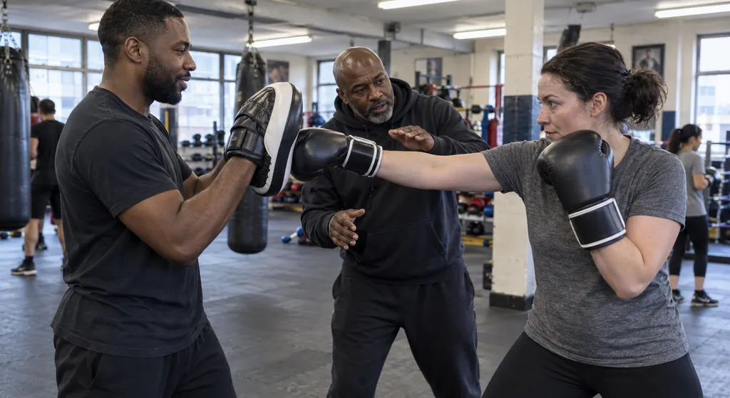 Adult beginner learning a relaxed boxing stance with a coach in a modest community gym