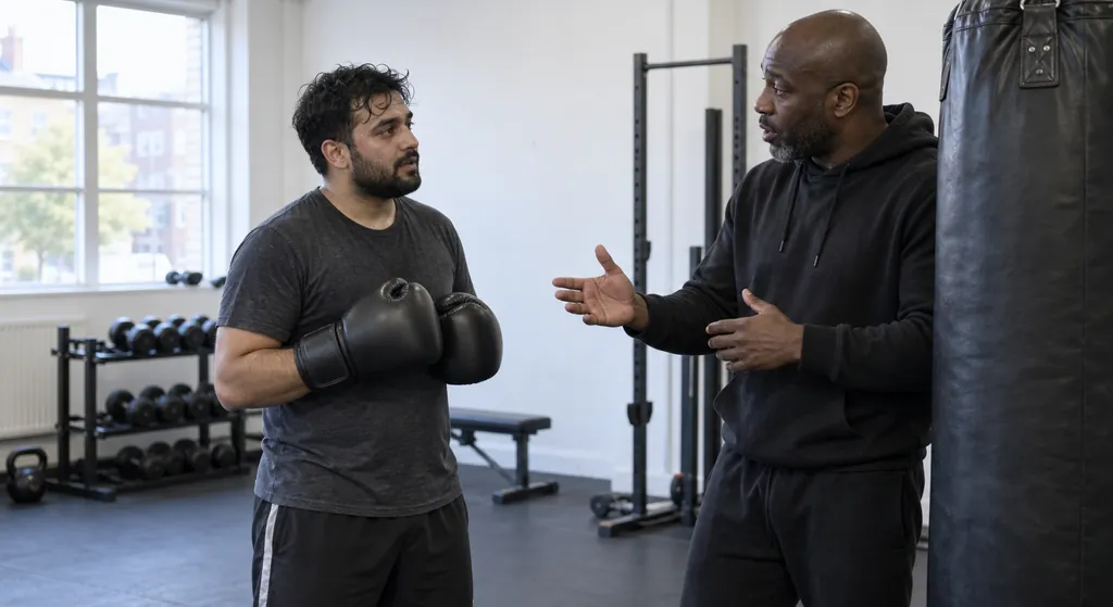 Calm adult boxer resetting their guard and breathing between rounds beside a heavy bag