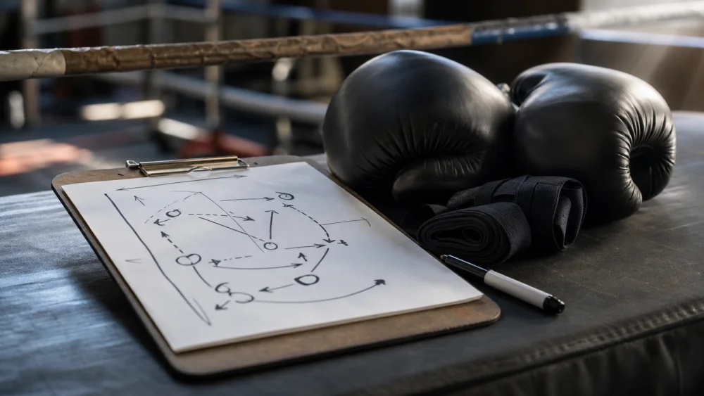 Clipboard with jab and distance arrows beside boxing gloves on a ring apron
