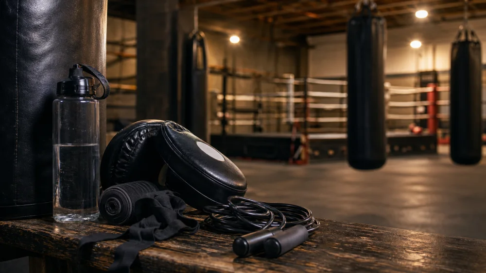 Boxing gym bench with focus mitts, wraps, skipping rope and heavy bags in the background