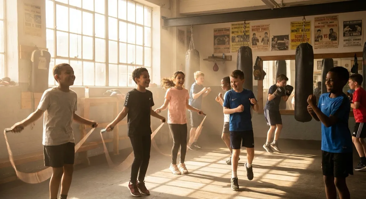 Children in boxing gloves learning technique at an Easter holiday boxing camp, South East London
