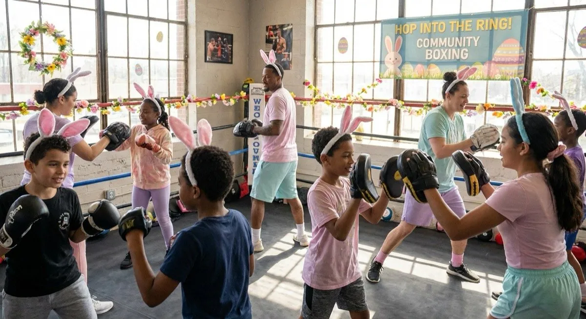 Group of children at a kids boxing camp, learning boxing stances and coordination drills in a South East London gym