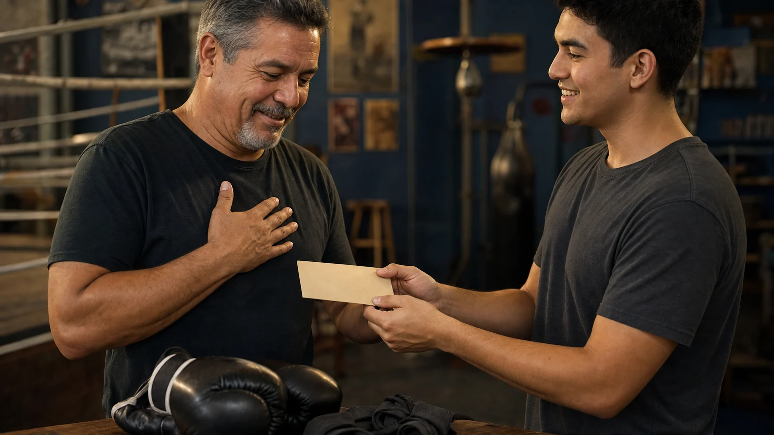 A son giving his dad a boxing PT gift card inside a gym