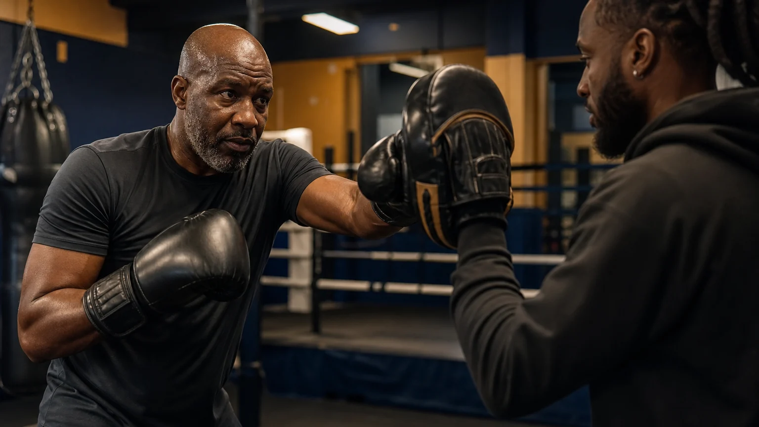 A dad working through beginner-friendly padwork with a boxing coach