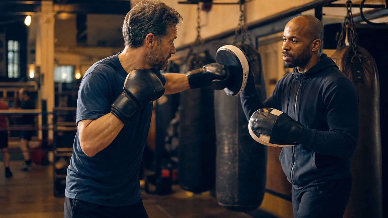 A dad working through safe padwork with a boxing coach