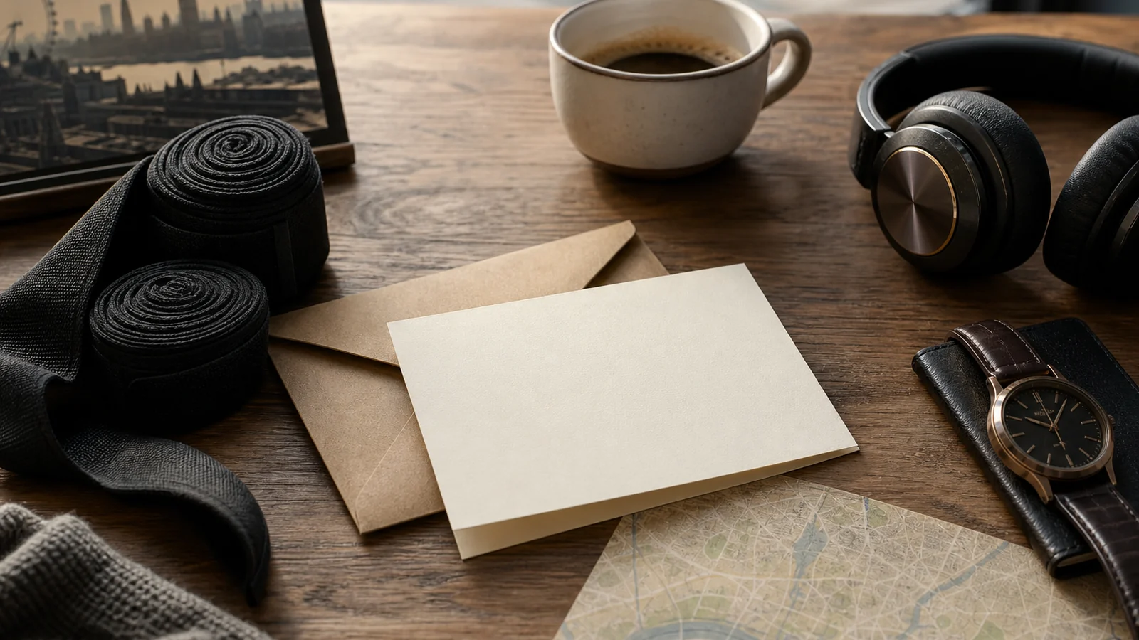 A Father's Day gift card envelope with boxing wraps and London day-out items