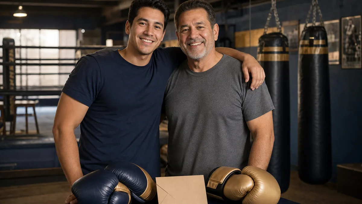 A Father's Day boxing PT gift card with gloves in a South East London boxing gym