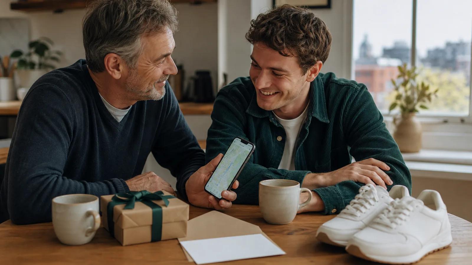 A dad and adult child planning a London Father's Day experience gift
