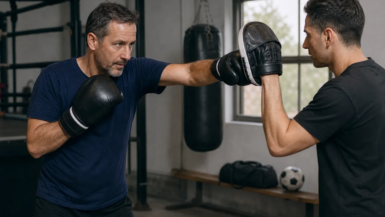A football fan dad practising beginner-friendly boxing padwork with a coach