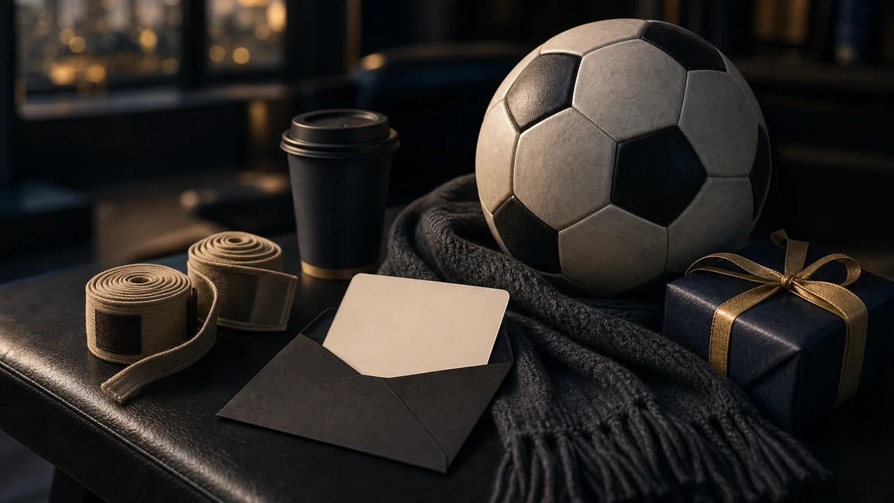 Football fan Father's Day gift ideas with a blank card, football and boxing hand wraps