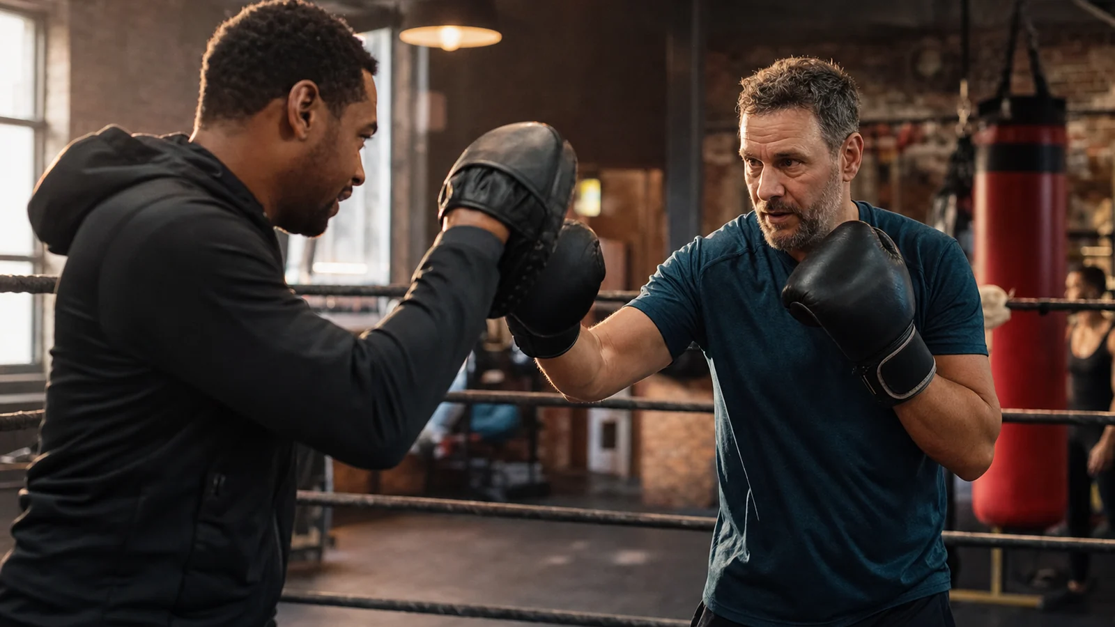 A dad practising beginner-friendly boxing padwork with a coach